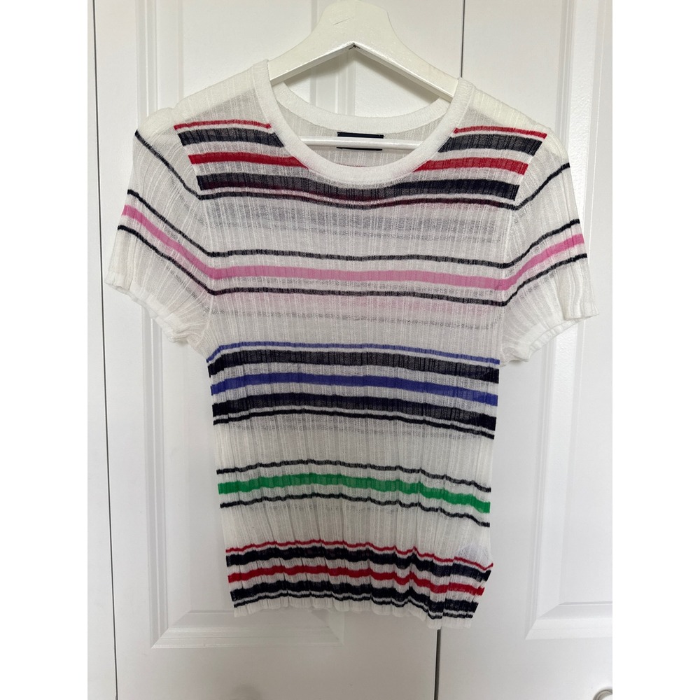 Gap Womens White‎ Multi-Color Striped Ribbed Knit Short Sleeve Sweater Medium